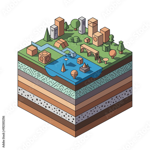 Isometric Cross Section of Earth with City and Lake.