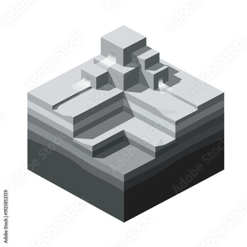 Isometric Cross Section of Layered Earth with Terraced Landscape.