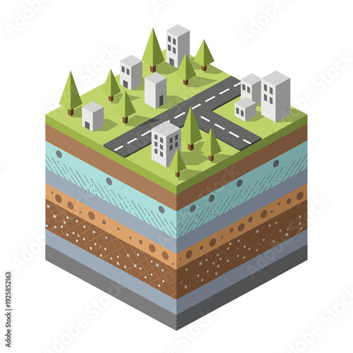 Isometric Cross Section of Urban Landscape with Underground Layers.