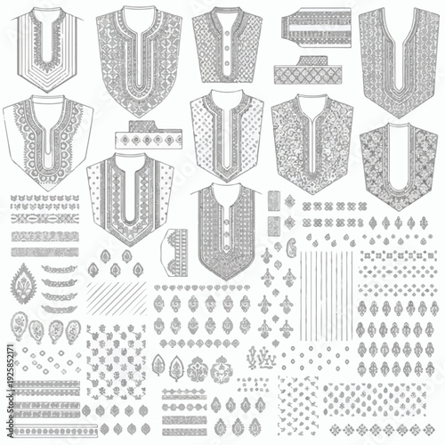 Traditional Panjabi Neckline Embroidery Designs and Ornamental Borders Set Vector Line Art 