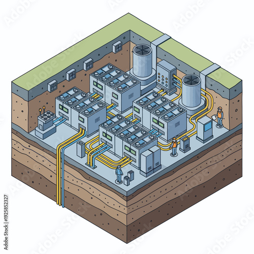 Isometric Cross-Sectional View of a Modern Underground Data Center Infrastructure.