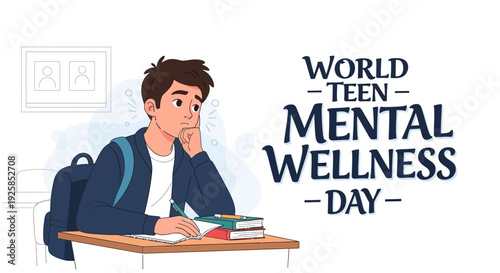 Illustration of a teenage boy sitting at a desk with books on World Teen Mental Wellness Day with a thoughtful expression.