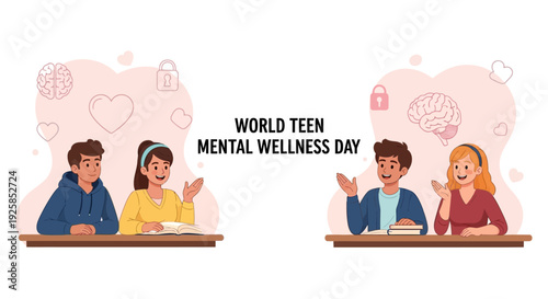 Illustration of diverse teens sitting at desks for World Teen Mental Wellness Day with supportive elements.