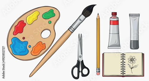Art supplies illustration with palette, paintbrush, pencils, scissors, and sketchbook