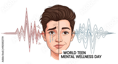 Illustration of a teen boy's face split in two with a calm and distressed side, surrounded by contrasting ECG waves, for World Teen Mental Wellness Day with a somber mood.