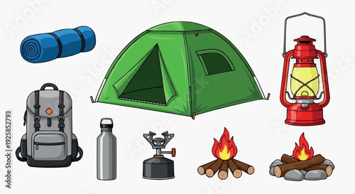 Camping gear illustration with tent, sleeping bag, lantern, backpack, and campfire