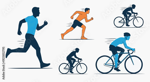 Sports illustration with runners and cyclists in dynamic motion