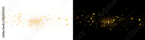 Abstract golden glowing particles and bokeh on a black background. Festive gold dust overlay effect for luxury, magic, or holiday designs.