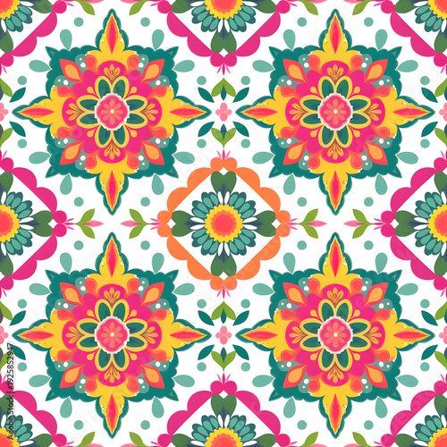 vector seamless repeating rangoli pattern in flat vector style. The design features symmetrical geometric shapes, floral motifs, peacocks, lotus flowers, and traditional oil lamps (divas).