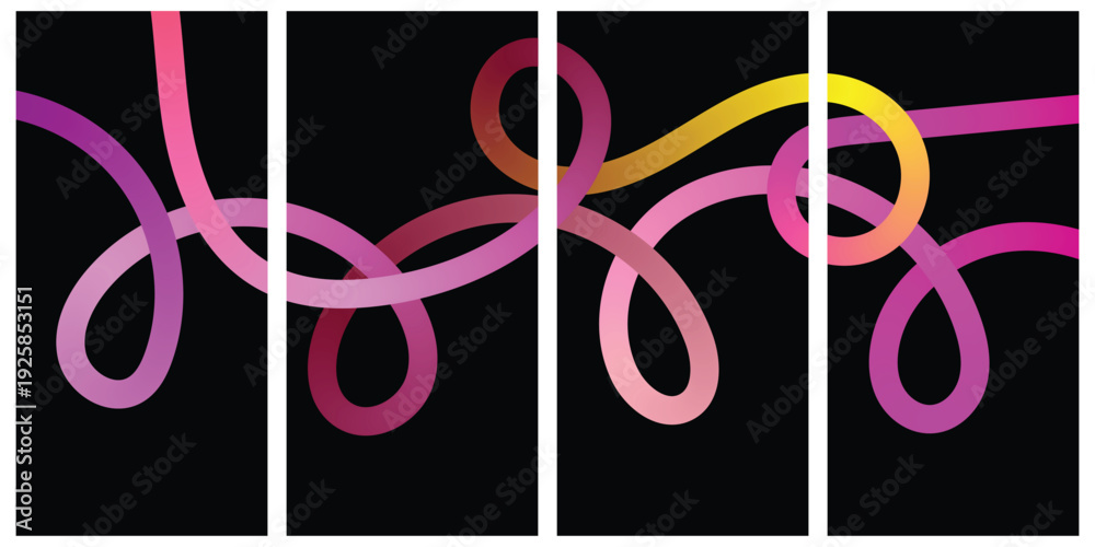 Obraz premium Vibrant interconnected neon loops on black background in four panels