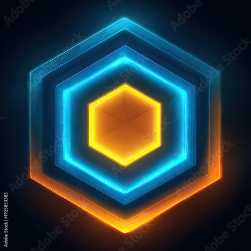 Glowing nested hexagons, cool blues to warm orange
