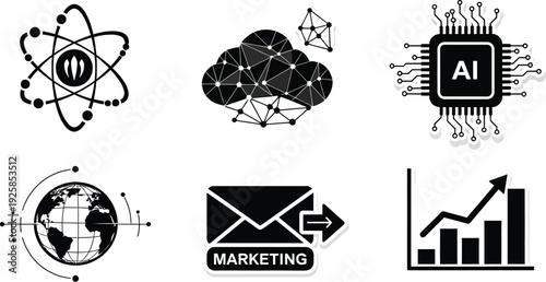Collection of black and white technology and business icons representing modern digital concepts and growth strategies.
