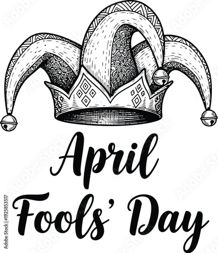 Jester hat illustration signifies the lighthearted traditions associated with April Fools' Day celebration.