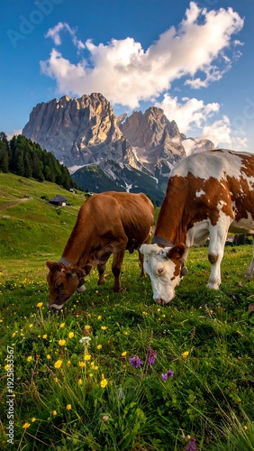 A serene landscape with cows grazing in a lush green meadow under a vast mountainous backdrop