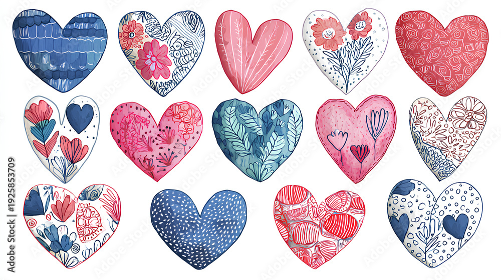 Fototapeta premium Funky hearts, valentine day love scrapbook sticker set. Crayon grunge scribble doodle collage elements. Vector scrapbook hand drawn collage illustrations for journaling, dairy, notebooks, social