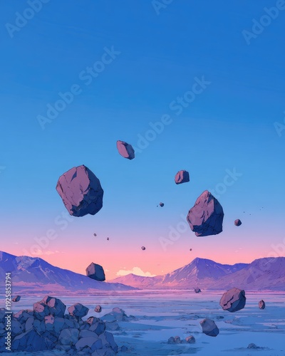 Desert with floating rocks, pink sunset, blue sky surreal