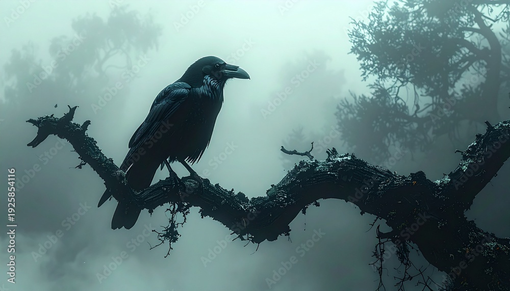 Fototapeta premium Mysterious raven perched on a branch in foggy forest.