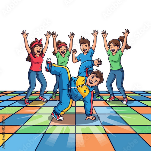 Youthful Fun Group Dancing on a Bright Dance Floor