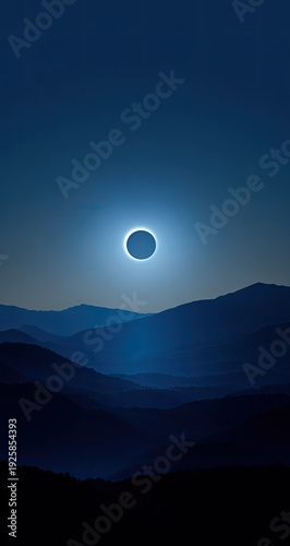 Eclipse shines over blue mountain silhouette.