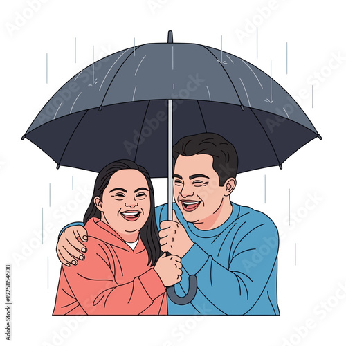 Happy couple sharing umbrella in rain showing togetherness