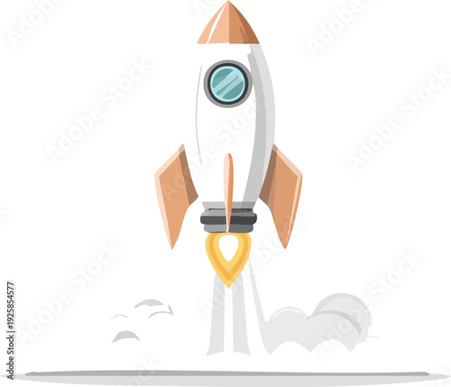 White cartoon rocket ship launching with orange fins and flames.