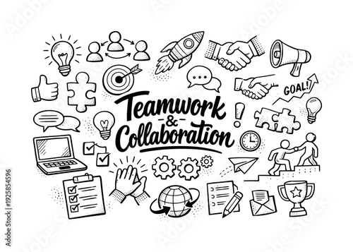 Teamwork collaboration concept, hand drawn doodle elements set, center hand-lettered title, black & white vector line art, bold