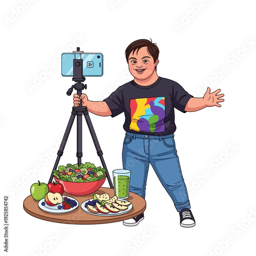 Man filming a vlog in front of healthy food and smart phone on tripod