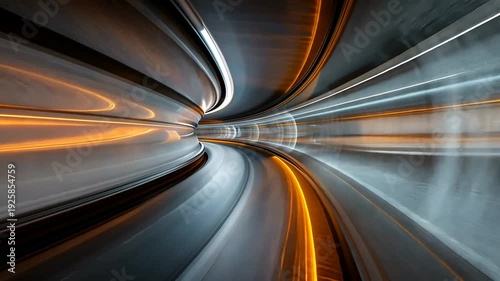 A tunnel with a curved design, showcasing vibrant orange and white light streaks against the gray and dark walls