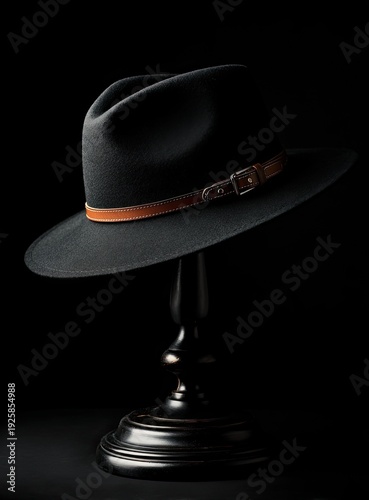 Black fedora atop a dark wood stand, leather band