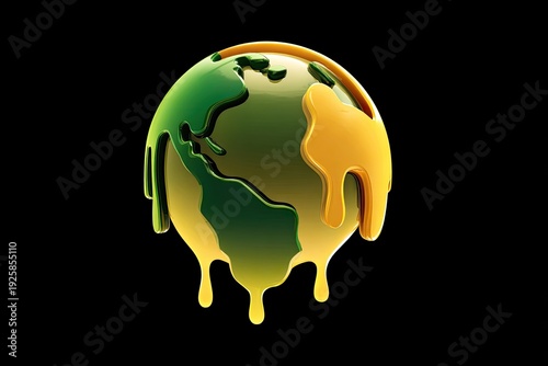 Melting Earth globe with glossy green and yellow continents
