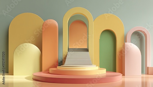 Pastel arches, stairs, platform display in a studio setup