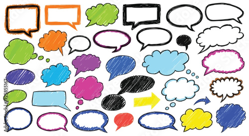 A comprehensive collection of vector comic speech bubbles and chat cloud icons designed as a communication symbol set for cartoon dialog and thought message illustrations