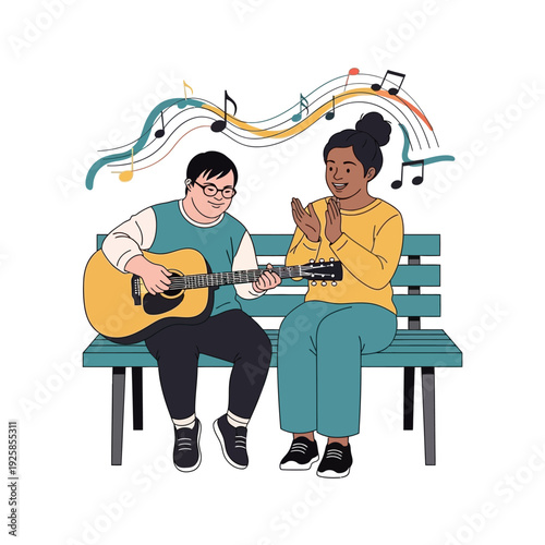 Man playing guitar with a woman clapping with musical notes