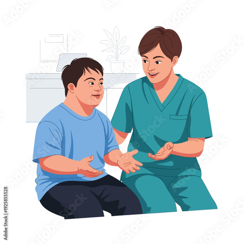 A man and a boy with Down syndrome discuss health