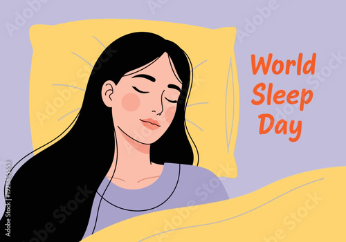 Woman sleeping peacefully for world sleep day illustration