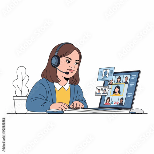 Woman attends a video conference or online meeting on her laptop