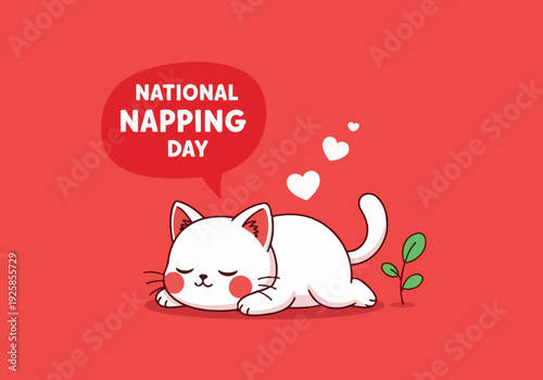Cute white cat napping for national napping day celebration