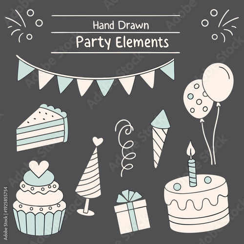 Hand drawn collection of festive party elements: cakes, balloons, cupcakes, streamers, and decorations for celebrations
