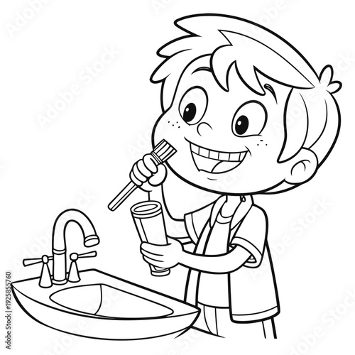 Cheerful cartoon boy brushing teeth at bathroom sink, black and white outline for dental hygiene coloring