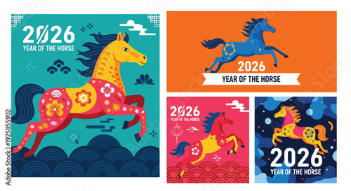 Abstract vector illustration of a cute green baby horse designed as a fun fantasy dragon monster with a cartoon dinosaur silhouette chinese new year 2026