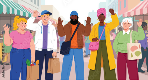 A happy family group including a woman, men, and children carry colorful shopping bags through a crowded city mall, illustrating a fashion-filled day of friendship and happiness for the whole team