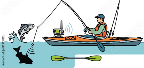 A funny cartoon illustration of a fisherman with a fishing rod in a boat on the sea enjoying a fun summer sport activity with people rowing a kayak on the blue ocean water