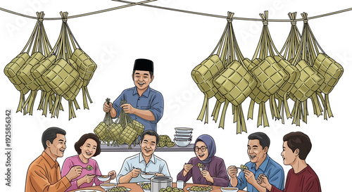 Illustration of a muslim family eating traditional Indonesian ketupat rice cakes with opor ayam during Lebaran celebration
