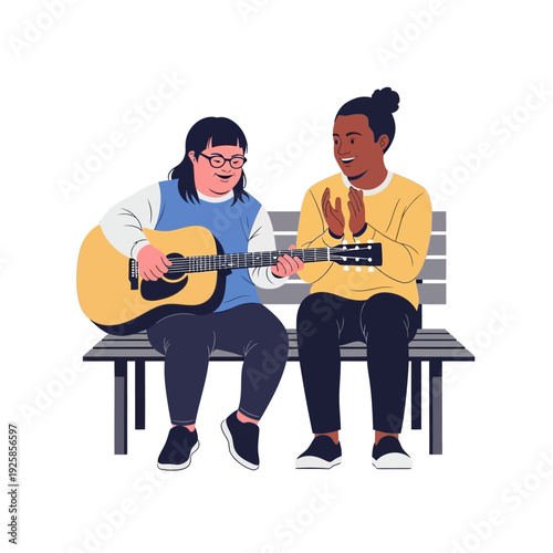 Man applauding while a woman playing guitar