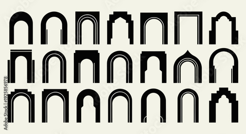 Collection of Diverse Architectural Arch Designs in Black Silhouette.