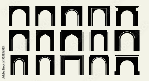 Collection of Diverse Architectural Archways and Doorways in Black Silhouette.
