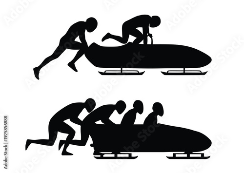 Bobsleigh silhouette set, bobsled team pushing sled winter sport vector isolated on white background