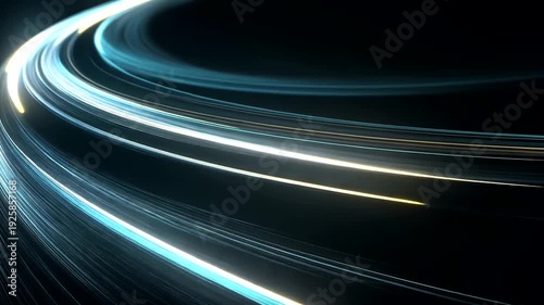 An abstract, curved composition featuring bright, flowing lines in shades of teal, white, and yellow against a dark backdrop