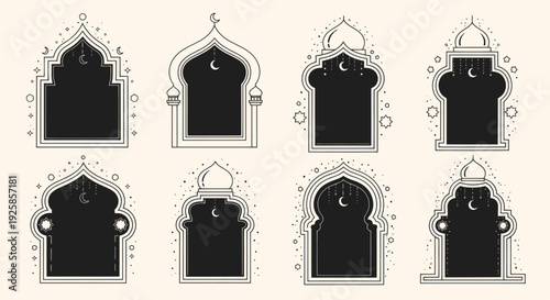 Collection of Islamic Archways with Crescent Moons and Stars Decorative Elements.