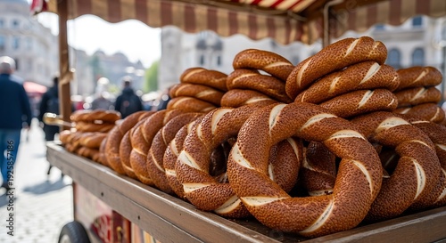 Fresh pretzels on a cart in a European city square.